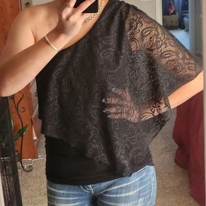 assymetrical sleeve black lace top